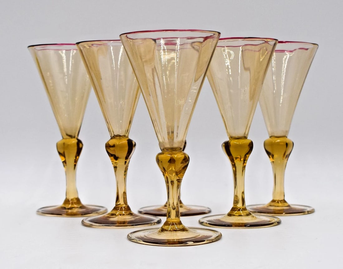 Set of 6 Venini Cordials Designed by Vittorio Zecchin, Amber w/Red Rim, C1920: Condition: Used,Year Manufactured: 1920,Type: Cordial Glass,Color: AmberSet of 6 Venini Cordials Designed by Vittorio Zecchin, Amber w/Red Rim, C1920. Pictured in Vittorio Zecchin book Transparent Gla