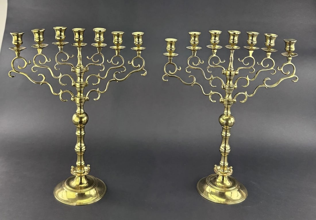 Huge Pair Brass 1800s Sabbath Candelabras 7 Lite (1 of 7)