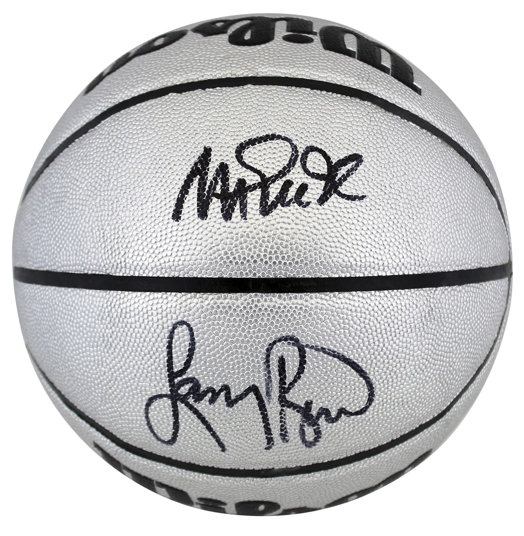 Magic Johnson & Larry Bird Signed Silver Wilson Basketball BAS Witnessed (1 of 3)