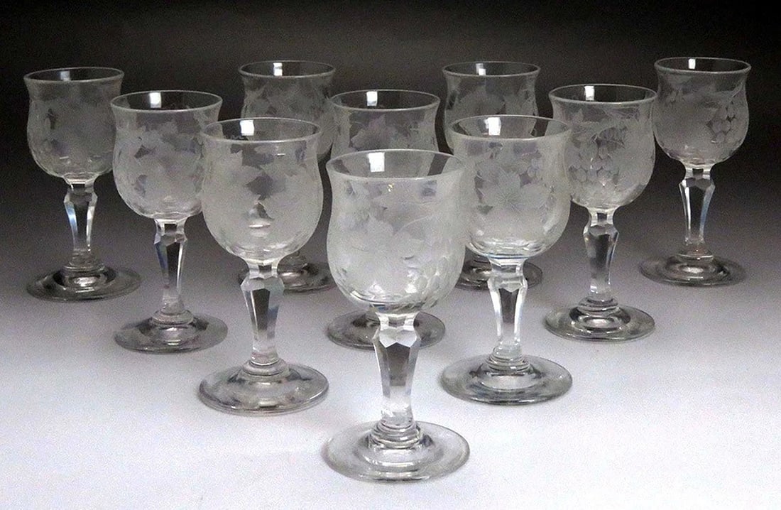Antique c1870 10 American Cut Frosted Hand Blown Grape Cordial Glasses (1 of 5)