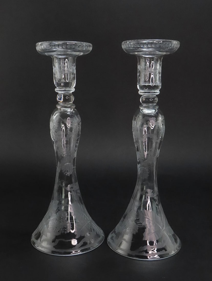 Lovely Pair Early 1900s Cut and Etched Glass Berry Vine Table Candlesticks 12" (1 of 9)