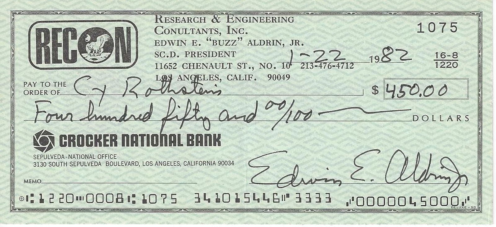 BUZZ ALDRIN Signed Autograph Check Apollo 11 Edwin Aldrin JSA LOA (1 of 2)