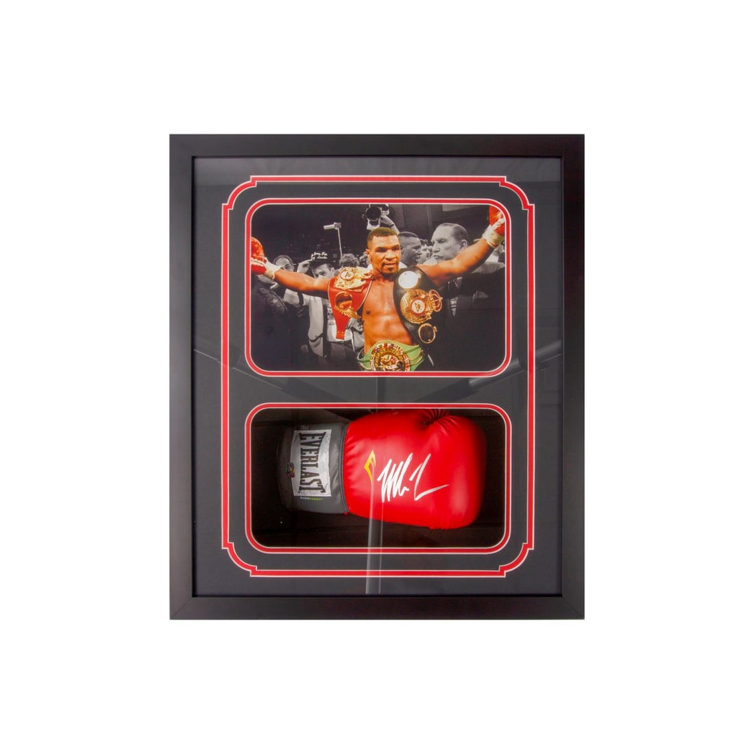 Mike Tyson Custom Framed Signed Everlast Glove Shadowbox "Holding The Belt" (Fitterman COA): Mike Tyson Custom Framed Signed Everlast Glove Shadowbox "Holding The Belt" (Fitterman COA)