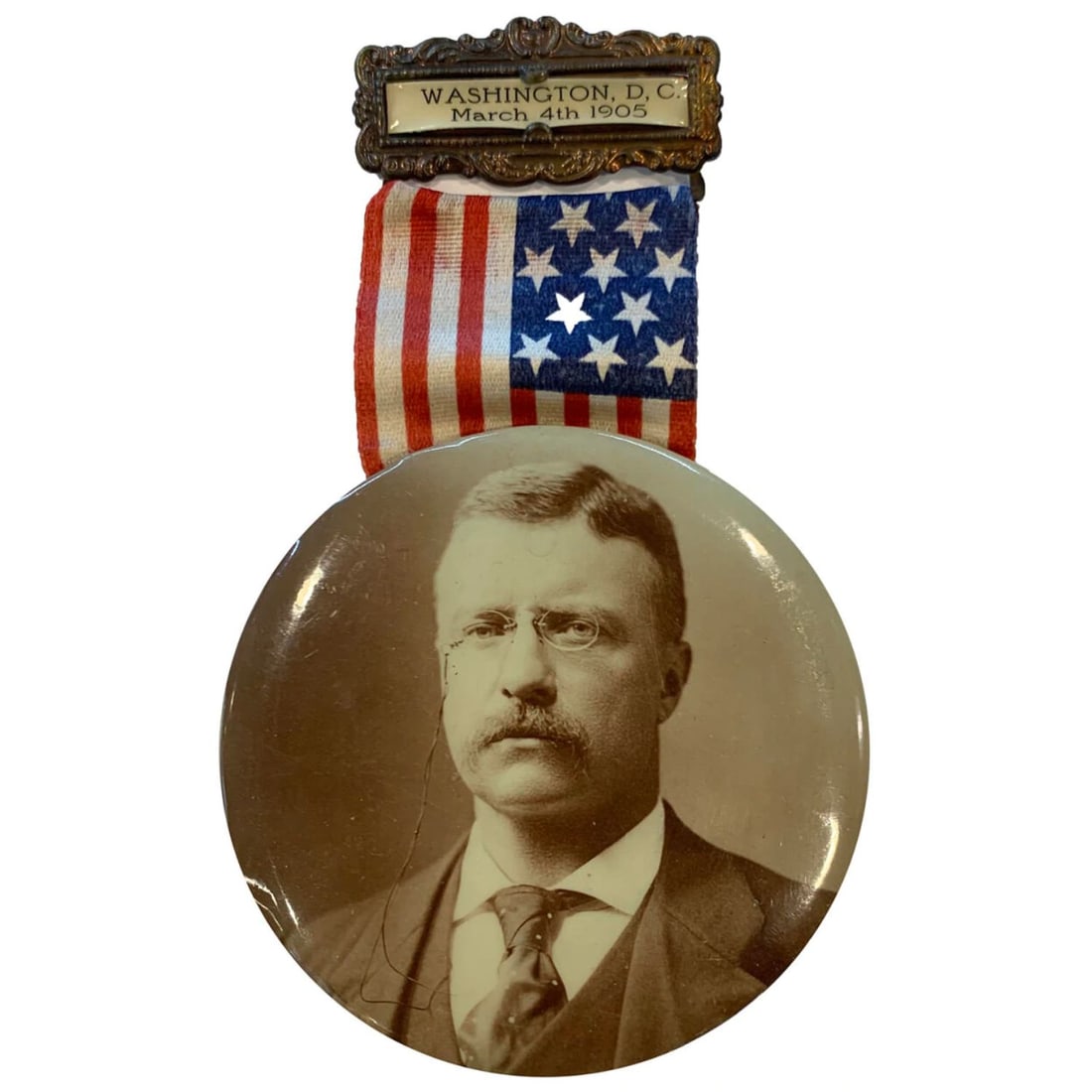 1905 President Theodore Roosvelt Original Celluloid Inauguration Button & Ribbon (1 of 1)