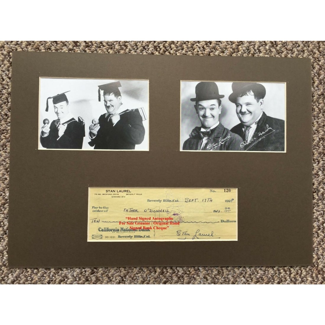 STAN LAUREL HAND SIGNED CHEQUE DATED 1928 DISPLAY MOUNTED VERY RARE: STAN LAUREL HAND SIGNED CHEQUE DATED 1928 DISPLAY MOUNTED VERY RARE