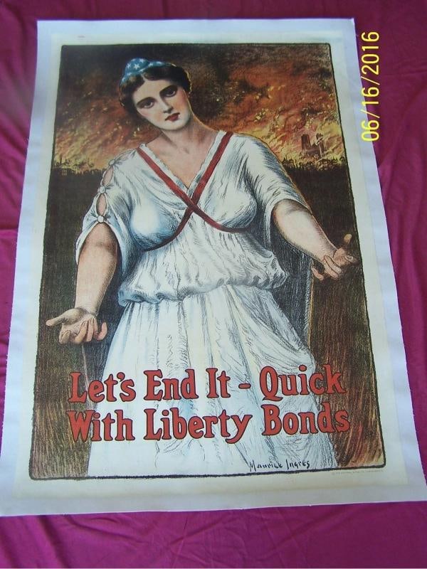 Original WW1 Poster, "LET'S END IT-QUICK WITH LIBERTY BONDS! " Maurice Ingres: Condition: Used,Country of Origin: United States World War 1 Poster, "LET'S END IT QUICK WITH LIBERTY BONDS! " Maurice Ingres The dimensions of this stirring WW1 poster are 28.5"w x 42.5"h.