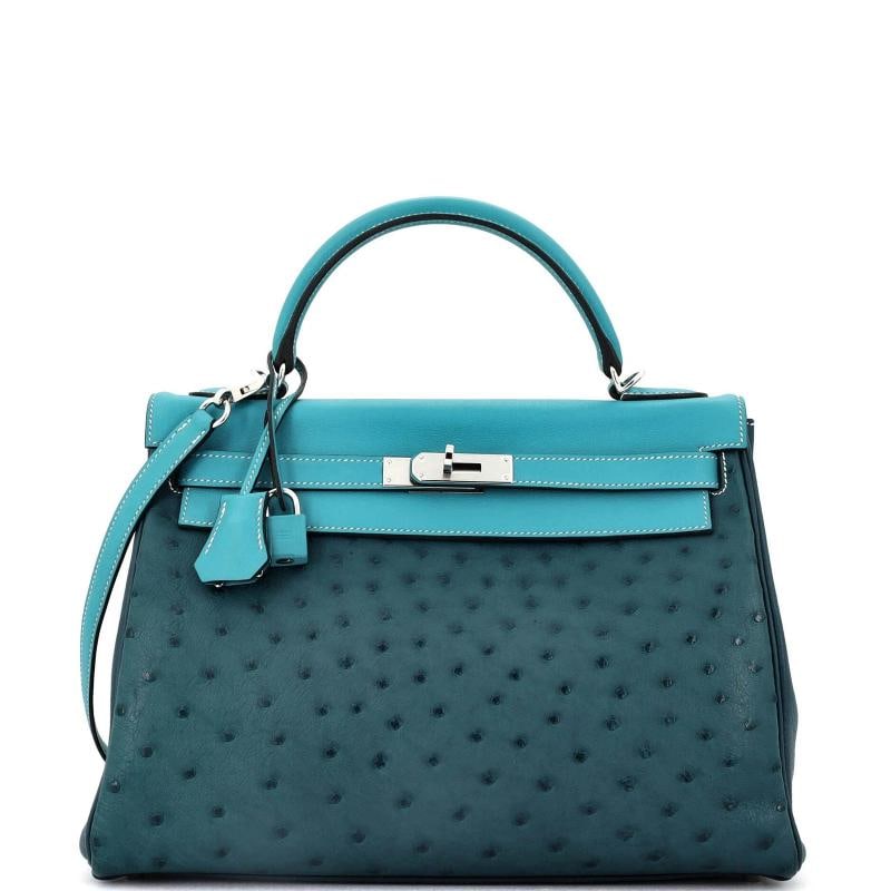 Hermes Kelly Handbag Tricolor Ostrich with Swift and Clemence and Palladium: Condition: Pre-owned - Good,Brand: Hermes,Exterior Material: Leather, Ostrich, Exotic,Style: Top Handle,Exterior Color: Blue,Department: Women,Size: 32,Accessories: Clochette, Keys, Dust Bag, Lock,