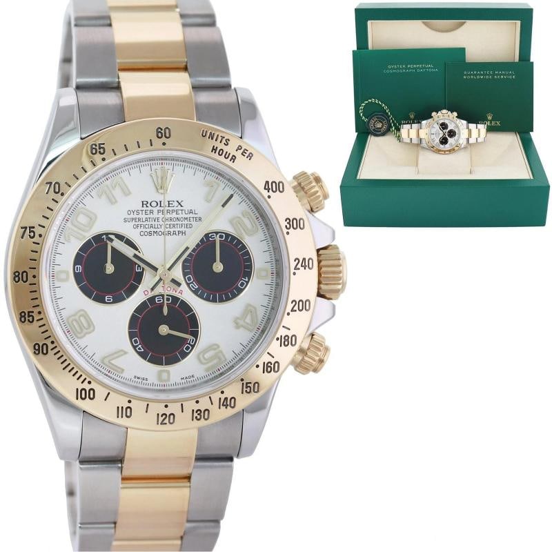 2012 MINT Rolex Daytona 116523 Panda Arabic Chrono Steel Yellow Gold Two Tone: Brand Rolex (Guaranteed Authentic) Model Daytona Cosmograph Reference Number 116523 Serial Number Random Gender Men's Metal Stainless Steel & Yellow Gold Case Size 40.00mm Wrist Size This watch will