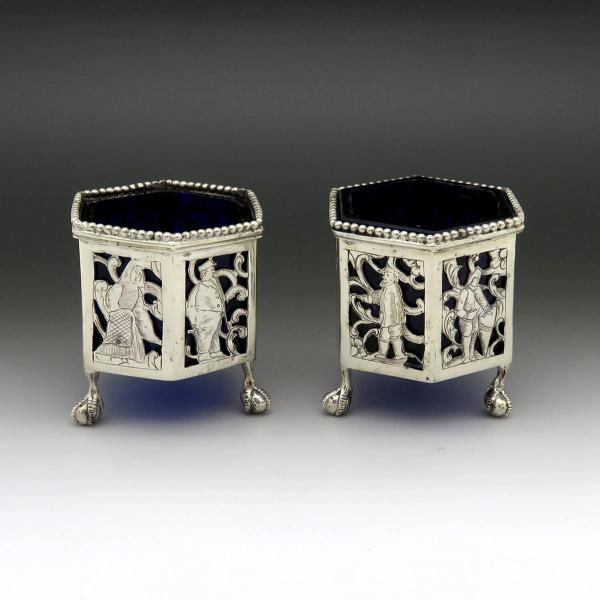 Nice Pair 1800s Dutch Silver Openwork Cobalt Glass Ball Claw Foot Salt Cellars: Each salt measures about 1 7/8 inches wide at the widest point, and stands about 2 1/4 inches tall. The total weight for the pair is 120 grams, including the glass liners. The weight of just the