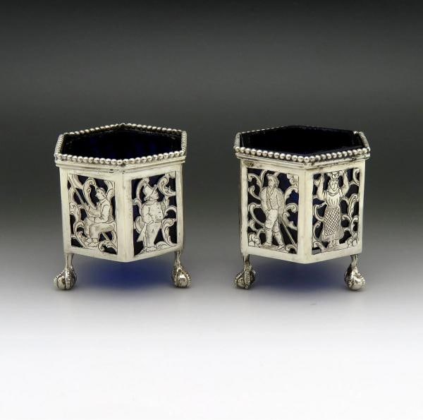 Nice Pair 1800s Dutch Silver Openwork Cobalt Glass Ball Claw Foot Salt Cellars - 2