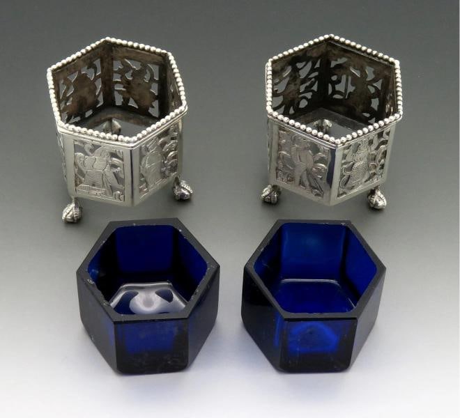 Nice Pair 1800s Dutch Silver Openwork Cobalt Glass Ball Claw Foot Salt Cellars - 3