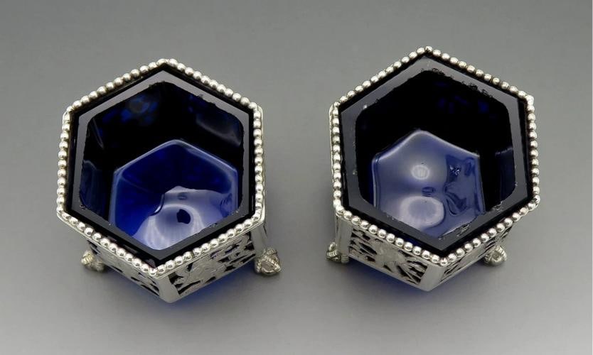 Nice Pair 1800s Dutch Silver Openwork Cobalt Glass Ball Claw Foot Salt Cellars - 4