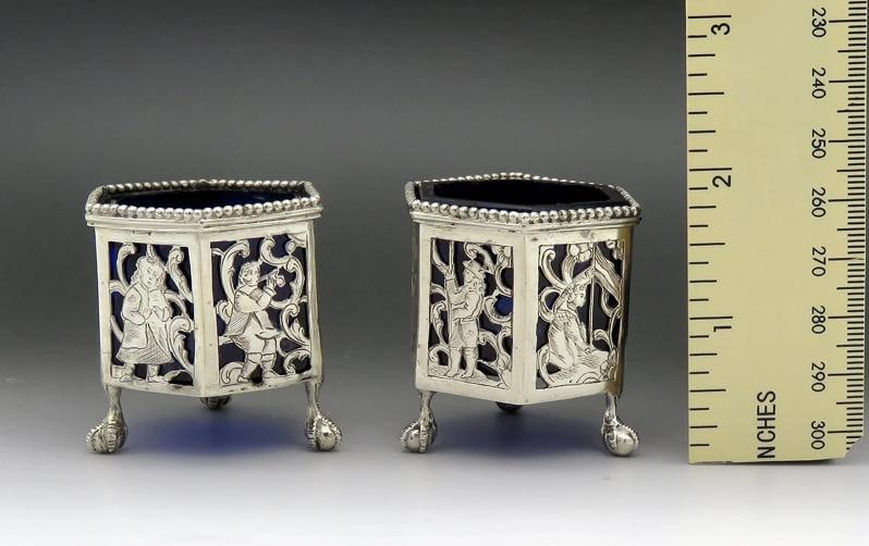 Nice Pair 1800s Dutch Silver Openwork Cobalt Glass Ball Claw Foot Salt Cellars - 5