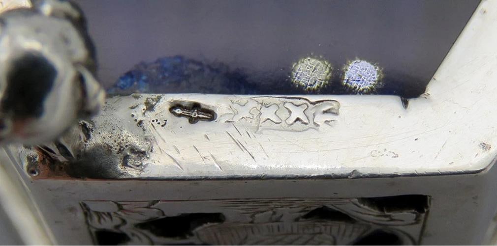 Nice Pair 1800s Dutch Silver Openwork Cobalt Glass Ball Claw Foot Salt Cellars - 7