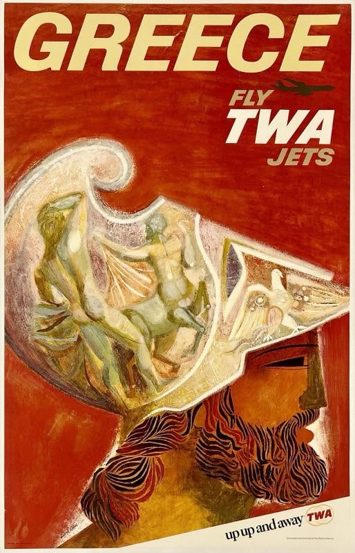 Original Vintage Poster GREECE FLY TWA UP UP & AWAY Airline Travel Tourism LINEN (1 of 5)