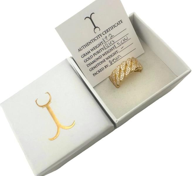 JACOJE Cuban Link Diamond 10 mm 14k Yellow Gold Band Ring: Condition: Pre-owned - Good,Number of Diamonds: 252,Main Stone Creation: Natural,Signed: Yes,Color: White,Sizable: No,Main Stone Color: White,Metal: Yellow Gold,Total Carat Weight: 1.50 tcw,Main