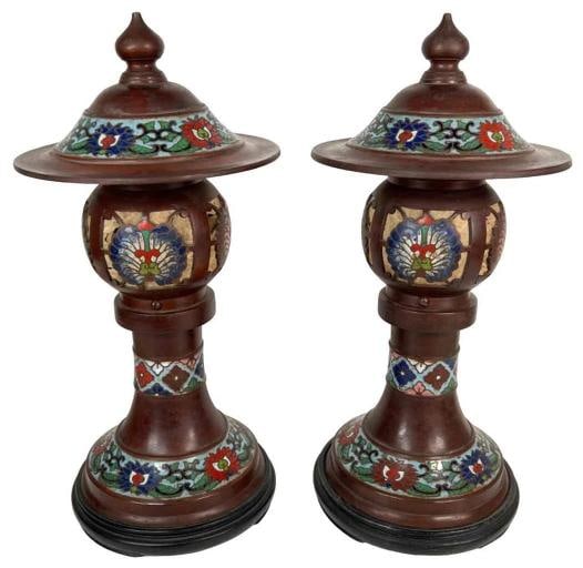 Pair Antique Japanese Meiji Toro Bronze Cloisonne Temple Altar Lanterns Lamps (1 of 20)