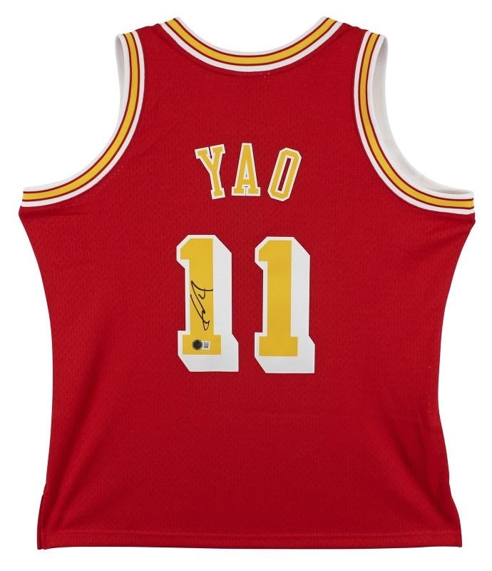 Rockets Yao Ming Signed Red M&N 2004-05 HWC Swingman Jersey BAS Witnessed (1 of 5)