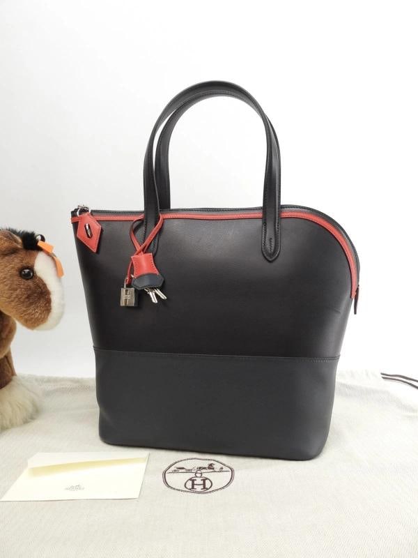 Hermes Transat Veau Evercolor/Swift Handbag Black Navy Red 14.1*11*5.5 inch: Condition: Pre-owned - Good,Closure: ask,Handle/Strap Color: ask,Occasion: ask,Size: Please check the product description.,Hardware Color: Silver,MPN: Does not apply,Fabric Type: ask,Accents: