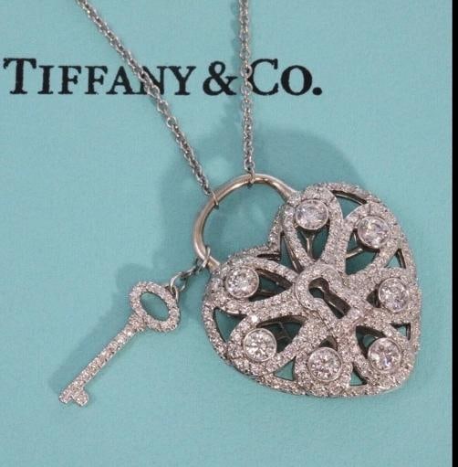 Tiffany & Co Diamond Filigree Lock Heart Key Pendant 1.44 ct 18k White Gold $18k: Condition: Pre-owned - Good: This item has been gently used but is in good condition. It might have a few signs of wear, like light scratches or tarnishing. All imperfections should be shown and
