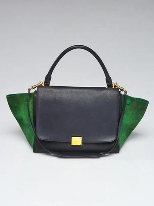 Celine Navy/Green Smooth Leather and Suede Medium Trapeze Bag: Condition: Pre-owned - Good,Brand: Celine,Exterior Material: Leather,Suede,Style: Everyday Bags,Totes,Exterior Color: Black,Green,Department: Women 