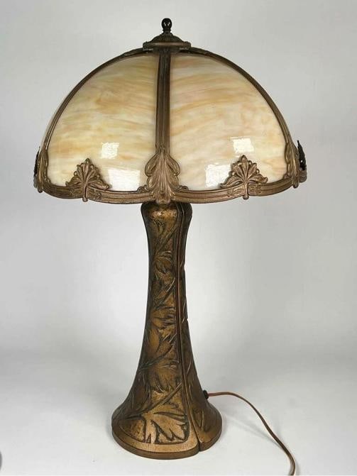 Antique Signed Bradley Hubbard Arts Crafts Deco Stained Slag Glass 3 Socket Lamp (1 of 11)