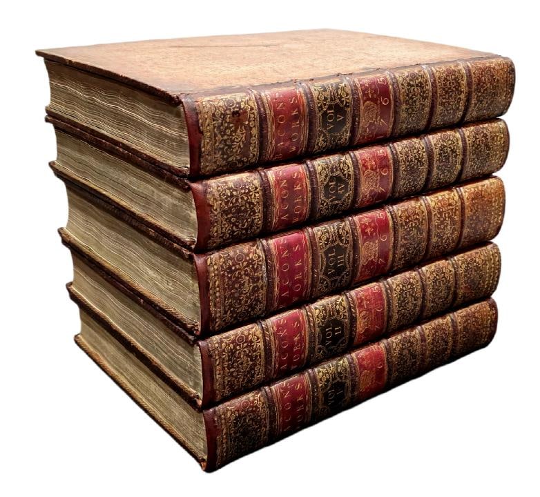 1765 Works of Francis Bacon Fine Leather Bindings Quarto 12" Tall Scarce Edition: Country of Origin: United Kingdom,Author: Francis Bacon,Binding: Leather,Language: English,Original/Facsimile: Original,Place of Publication: London,Publisher: A. Millar,Special Attributes: Scarce Edi