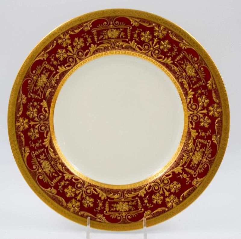 3 Red Royal Doulton Raised Paste Gold Dinner Plates, Circa 1920 (1 of 4)
