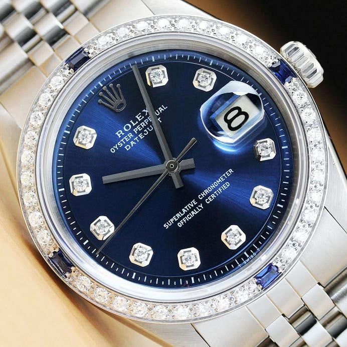 MENS ROLEX DATEJUST BLUE DIAMOND SAPPHIRE 18K WHITE GOLD STAINLESS STEEL WATCH: Condition: Pre-owned - Good,Bezel Color: Silver,Max Wrist Size: 7.26-7.5 in,Number of Jewels: 26 Jewels,Indices: Diamond Markers, 12-Hour Dial,Bezel: Custom 18K White Gold Sapphire Diamond Bezel,Band/