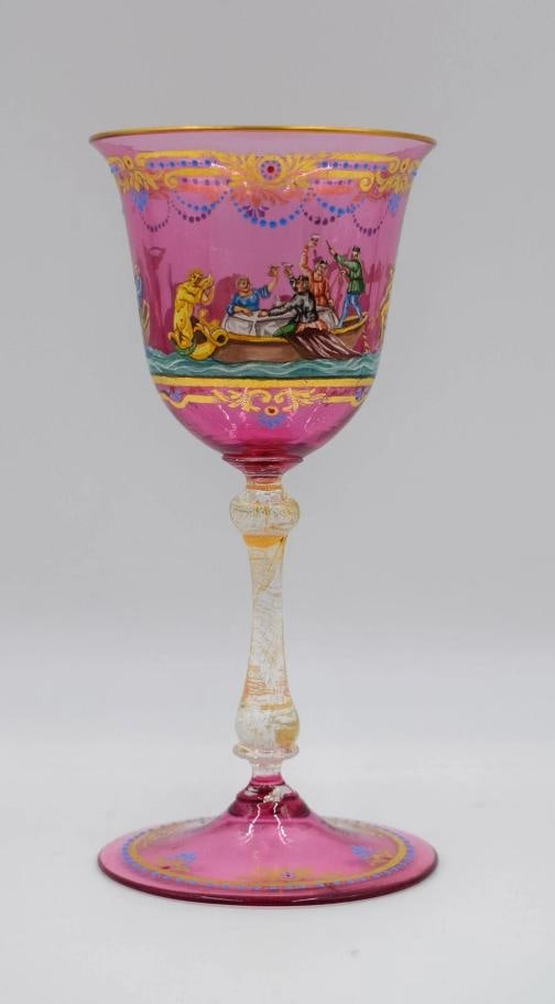 Venetian Italian Murano Salviati Hand Painted Wine Glass - Gondola, Circa 1930 (1 of 6)