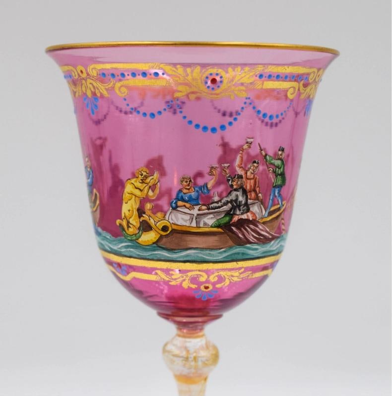 Venetian Italian Murano Salviati Hand Painted Wine Glass - Gondola, Circa 1930 - 2