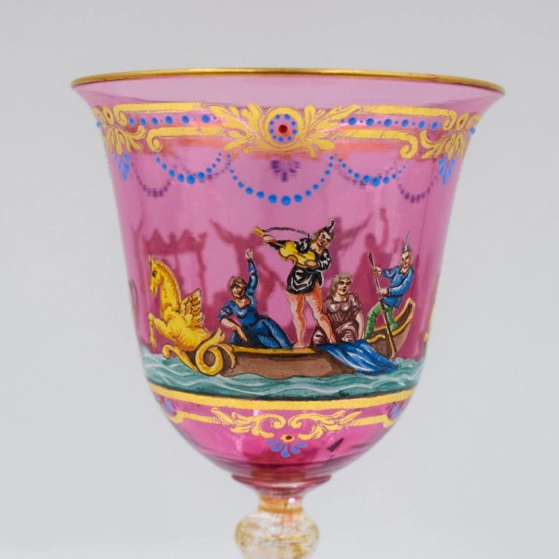Venetian Italian Murano Salviati Hand Painted Wine Glass - Gondola, Circa 1930 - 3
