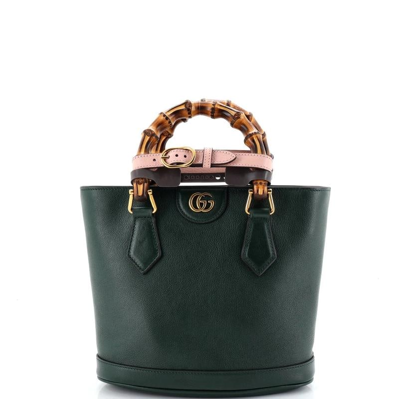 Gucci Diana Convertible Bucket Bag Leather Small: Condition: Pre-owned - Excellent,Brand: Gucci,Exterior Material: Leather,Style: Bucket,Exterior Color: Green,Department: Women,Size: Small,Accessories: Handle Shapers, Dust Bag 