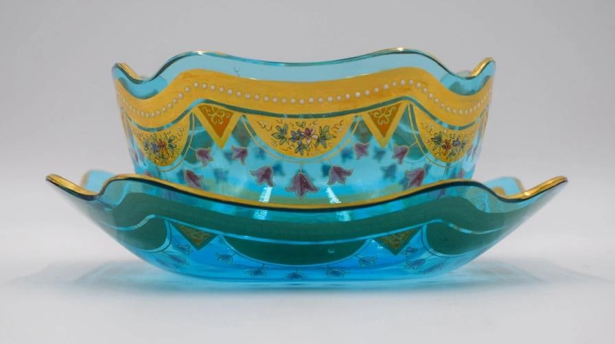 Moser Art Glass Enamel & Gold Bowl & Underplate, Circa 1920 (1 of 5)