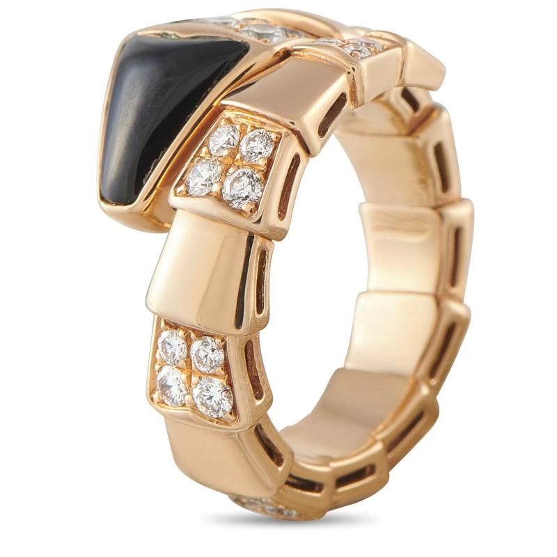 Bvlgari Serpenti Viper 18K Rose Gold Diamond and Onyx Ring #5084: Condition: Pre-owned - Good: This item has been gently used but is in good condition. It might have a few signs of wear, like light scratches or tarnishing. All imperfections should be shown and