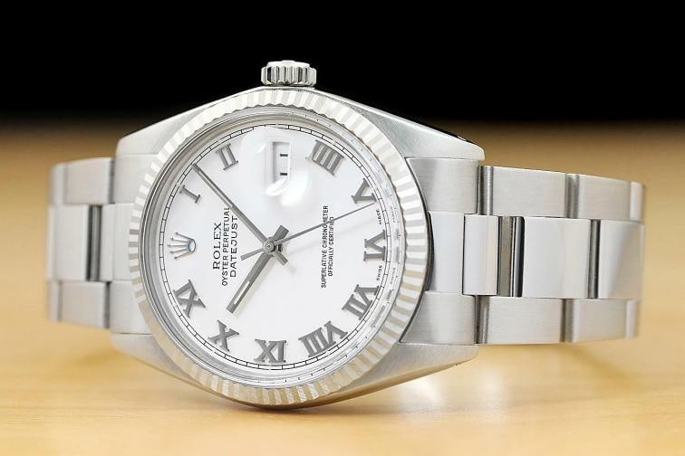 MENS ROLEX DATEJUST 16014 WHITE ROMAN DIAL 18K WHITE GOLD STAINLESS STEEL WATCH: Condition: Pre-owned - Good,Bezel Color: Silver,Max Wrist Size: 7.26-7.5 in,Number of Jewels: 27 Jewels,Indices: Roman Numerals, 12-Hour Dial,Bezel: Rolex 18K White Gold Fluted Bezel,Band/Strap: Brace