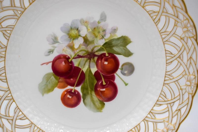 KPM Hand Painted Pierced Fruit Cabinet Plate Cherries, Circa 1890 - 2