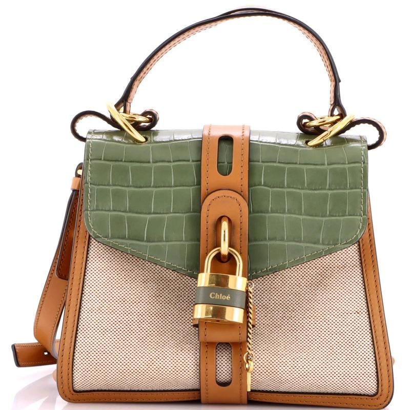 Chloe Aby Day Bag Crocodile Embossed Leather and Canvas Small: Condition: Pre-owned - Good,Brand: Chloe,Exterior Material: Canvas Plain, Leather,Style: Top Handle,Exterior Color: Brown,Department: Women,Size: Small,Accessories: Keys, Lock, With Strap 