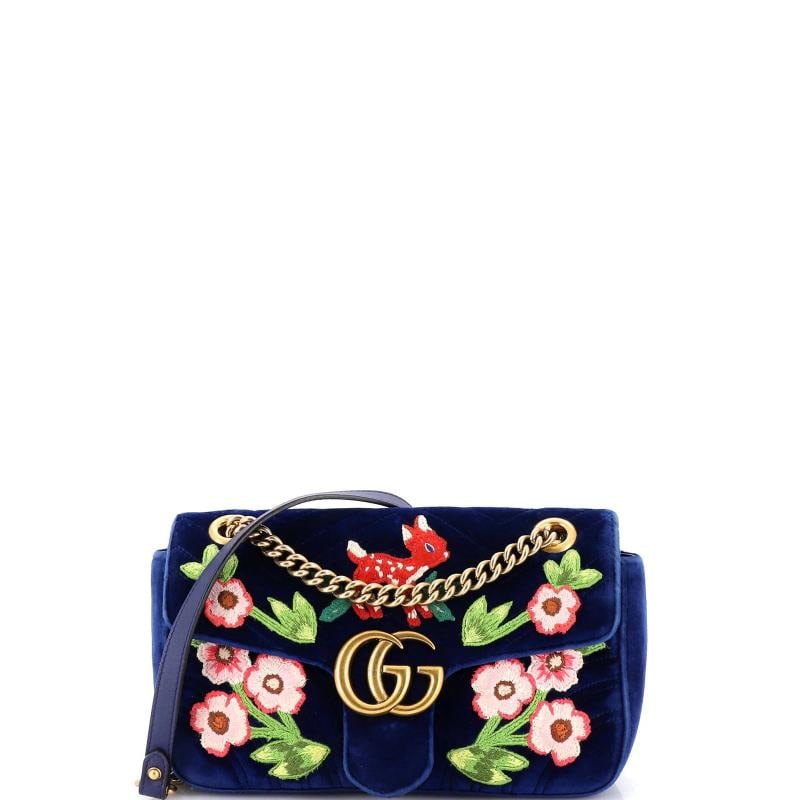 Gucci GG Marmont Flap Bag Embroidered Matelasse Velvet Small: Condition: Pre-owned - Good,Brand: Gucci,Exterior Material: Velvet,Style: Shoulder Bags,Exterior Color: Blue,Department: Women,Size: Small,Accessories: Dust Bag