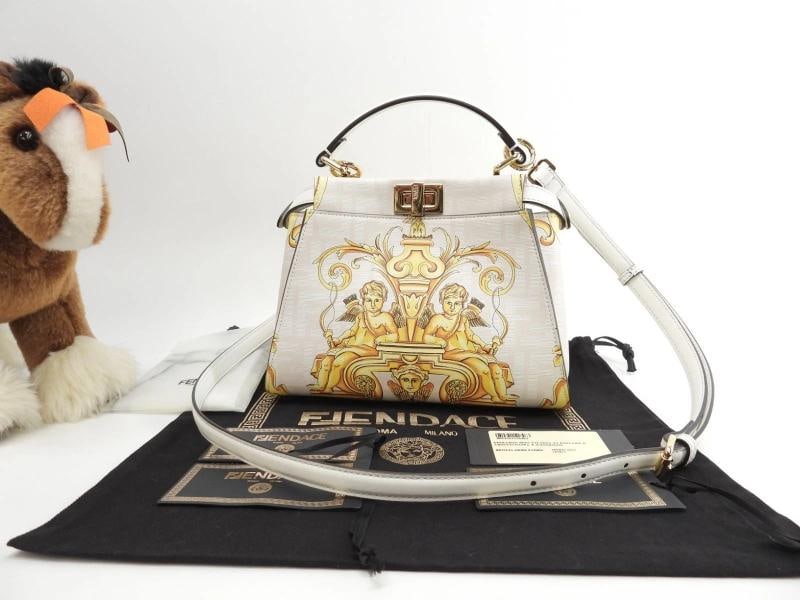 Fendi x Versace Peekaboo Mini Leather Handbag White Yellow 9.2*7*4.5 inch: Condition: Pre-owned - Good,Country of Origin: Italy,Closure: Turn Lock,Handle/Strap Color: White,Occasion: Casual, Party/Cocktail,Handle Style: Top Handle,Size: Mini,Lining Material: Leather,Hardware