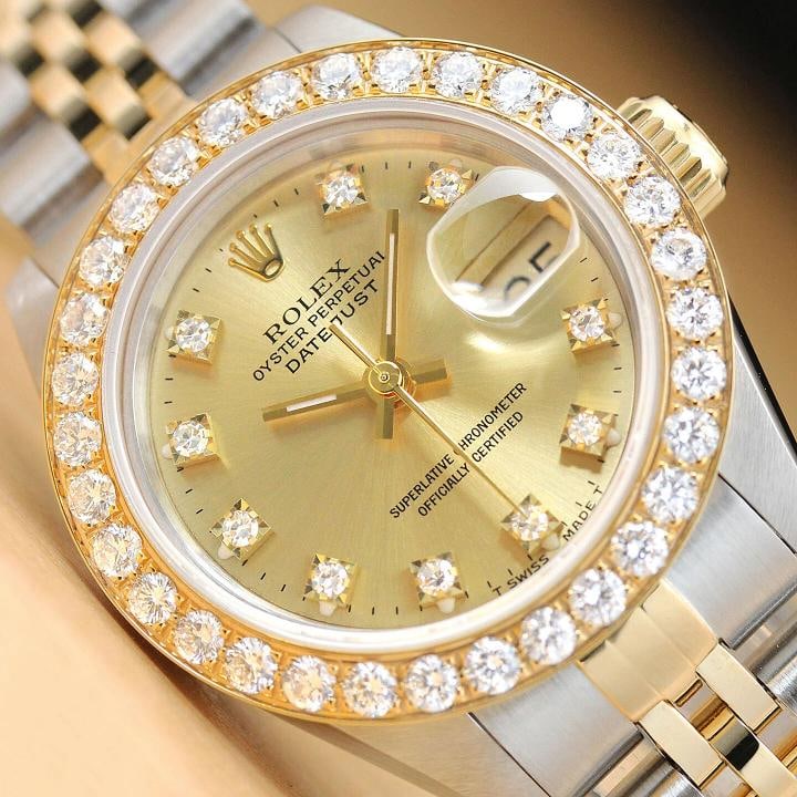 LADIES ROLEX DATEJUST FACTORY CHAMPAGNE DIAMOND DIAL 18K YELLOW GOLD STEEL WATCH (1 of 7)