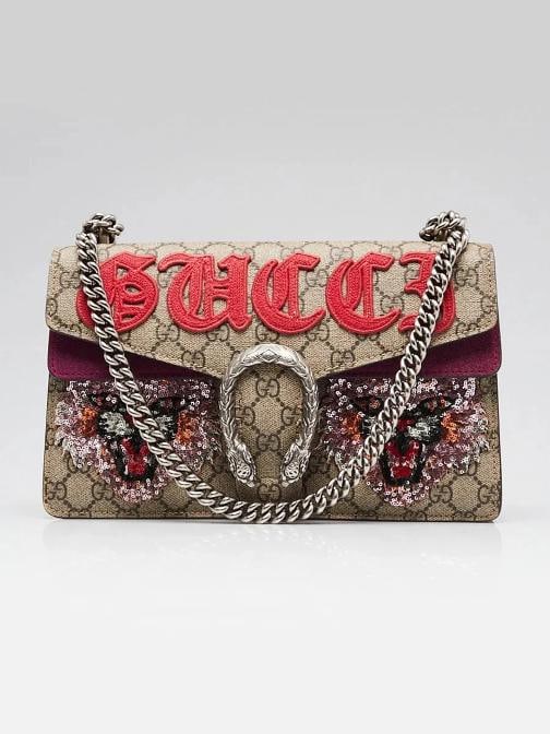 Gucci Beige GG Supreme Canvas Embroidered Sequin Small Dionysus Shoulder Bag: Condition: Pre-owned - Good,Brand: Gucci,Exterior Material: Coated Canvas,Suede,Style: Everyday Bags,Exterior Color: Beige,Purple,Department: Women 