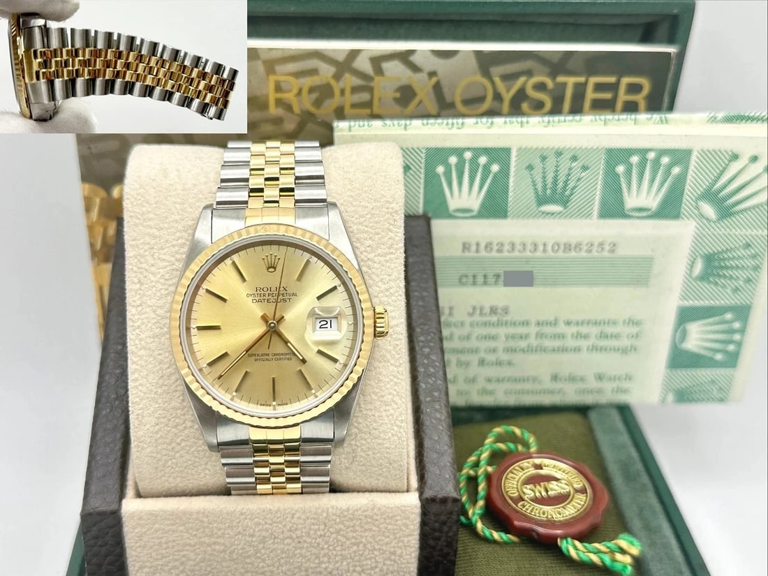 C Serial Rolex Datejust 16233 36mm Champagne Dial 18K Gold Steel Box Papers: Style Number: 16233Serial: C117***Year: 1993 Model: Rolex Datejust Case Material: Stainless Steel Band: 18K Yellow Gold & Stainless Steel Bezel: 18K Yellow Gold Fluted Dial: Champagne Crystal: Sapphir