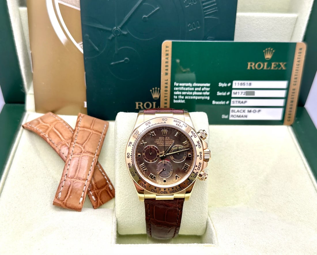 Rolex Daytona Cosmograph 116518 40mm Black MOP Dial 18k Yellow Gold Box Paper: Style Number: 116518Serial: M172***Year: 2012 Model: Rolex Daytona Cosmograph Case Material: 18K Yellow Gold Band: Brown Leather with Extra Tan Leather Strap Bezel: 18K Yellow Gold Dial: Black Mother