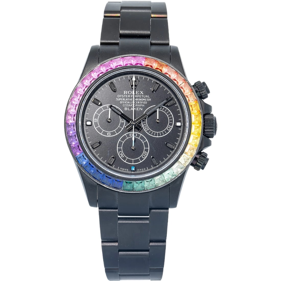 Rolex Cosmograph Daytona 116520 Customized Blaken RainBow Black Men's Watch 40mm: Case Size40mmWrist Fit8 inchesBoxnoPapersnoCondition — Used - GoodFull SpecificationsBrandRolexCustomizedYesSerial #976xxxxxGenderMenBand MaterialStainless SteelBand ColorBlackBezel Diameter38.6 mmC