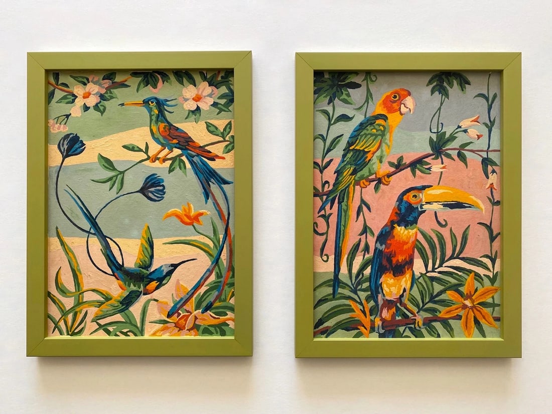 RARE VINTAGE 1950'S ART DECO PAINT BY NUMBER TROPICAL BIRDS FRAMED PAINTINGS SET (1 of 18)