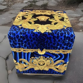 Costom Made Versace Cube Ottoman Dv One Print Blue Gold Médusa Velvet 19?? By 19