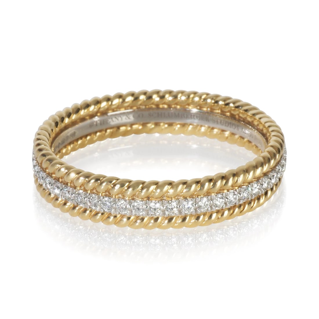 Tiffany & Co. Yellow Gold & Platinum Diamond Schlumberger Rope Ring: Condition: Pre-owned - Good,Shape: Round Brilliant,Country of Origin: US,With Original Box/Packaging: Yes,Side Stone Type: Diamond,Side Stone Weight (cts): 0.34,Metal Purity: 18k,With Papers: No,Gross
