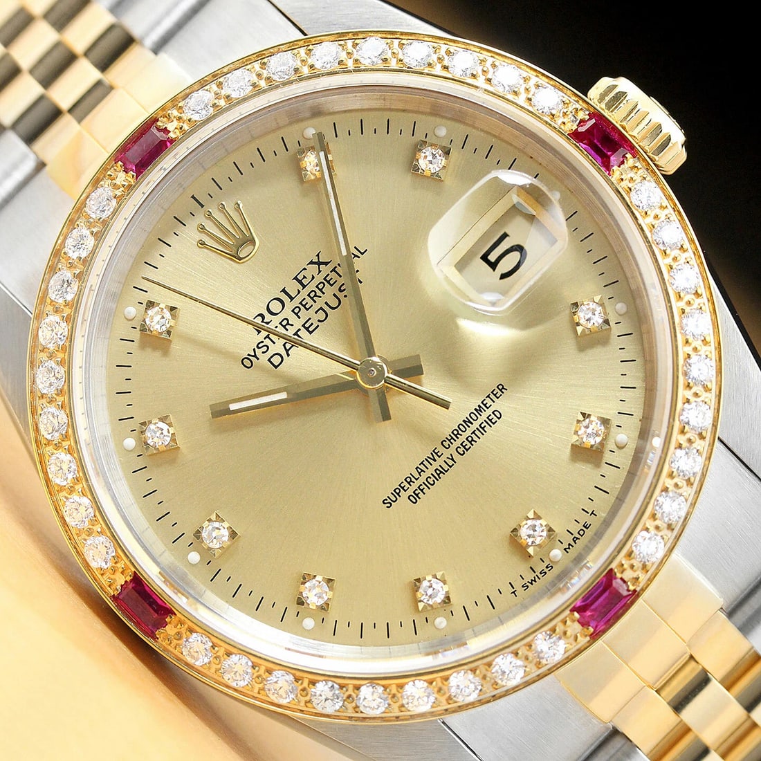 MENS ROLEX DATEJUST 16233 CHAMPAGNE FACTORY DIAL 18K GOLD DIAMOND RUBY SS WATCH: Condition: Pre-owned - Good,Bezel Color: Gold,Max Wrist Size: 7.26-7.5 in,Number of Jewels: 31 Jewels,Indices: Diamond Markers, 12-Hour Dial,Bezel: Custom 18K Yellow Gold Ruby Diamond Bezel,Band/Strap