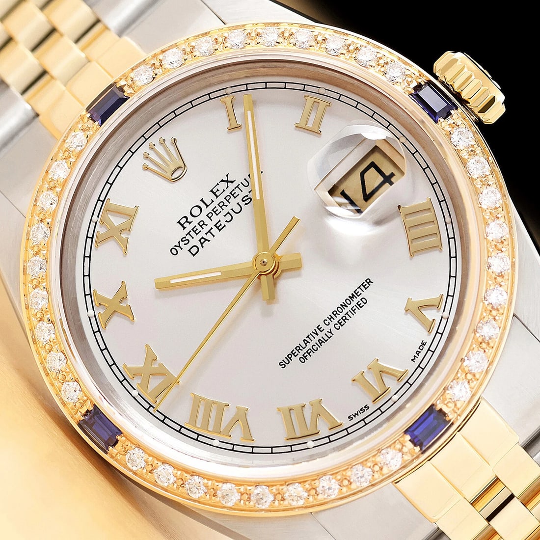 ROLEX MENS DATEJUST QUICKSET 18K YELLOW GOLD SAPPHIRE DIAMOND STEEL WATCH (1 of 8)